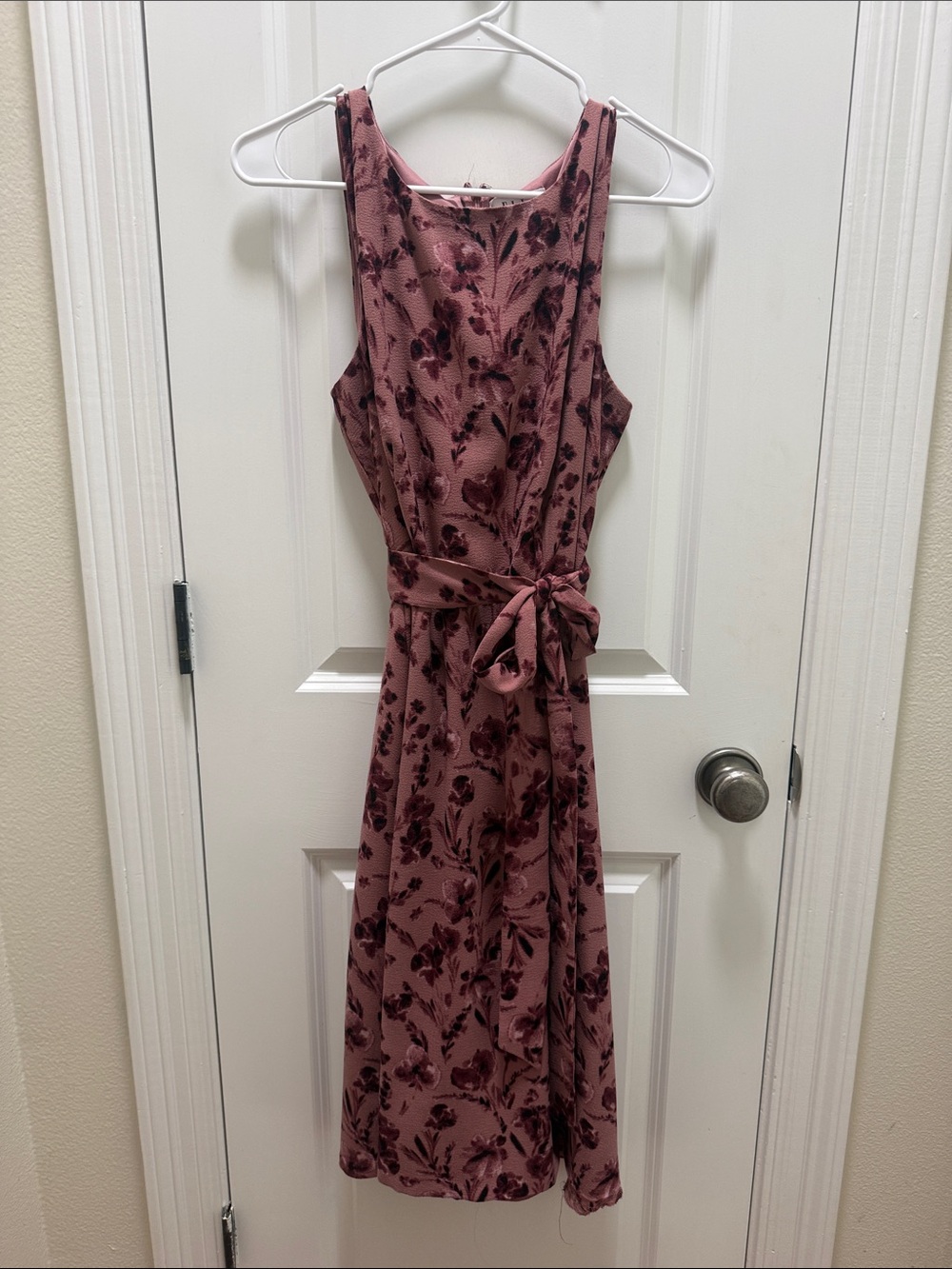 Elle Rose-Mauve Floral Midi Dress with Waist Tie